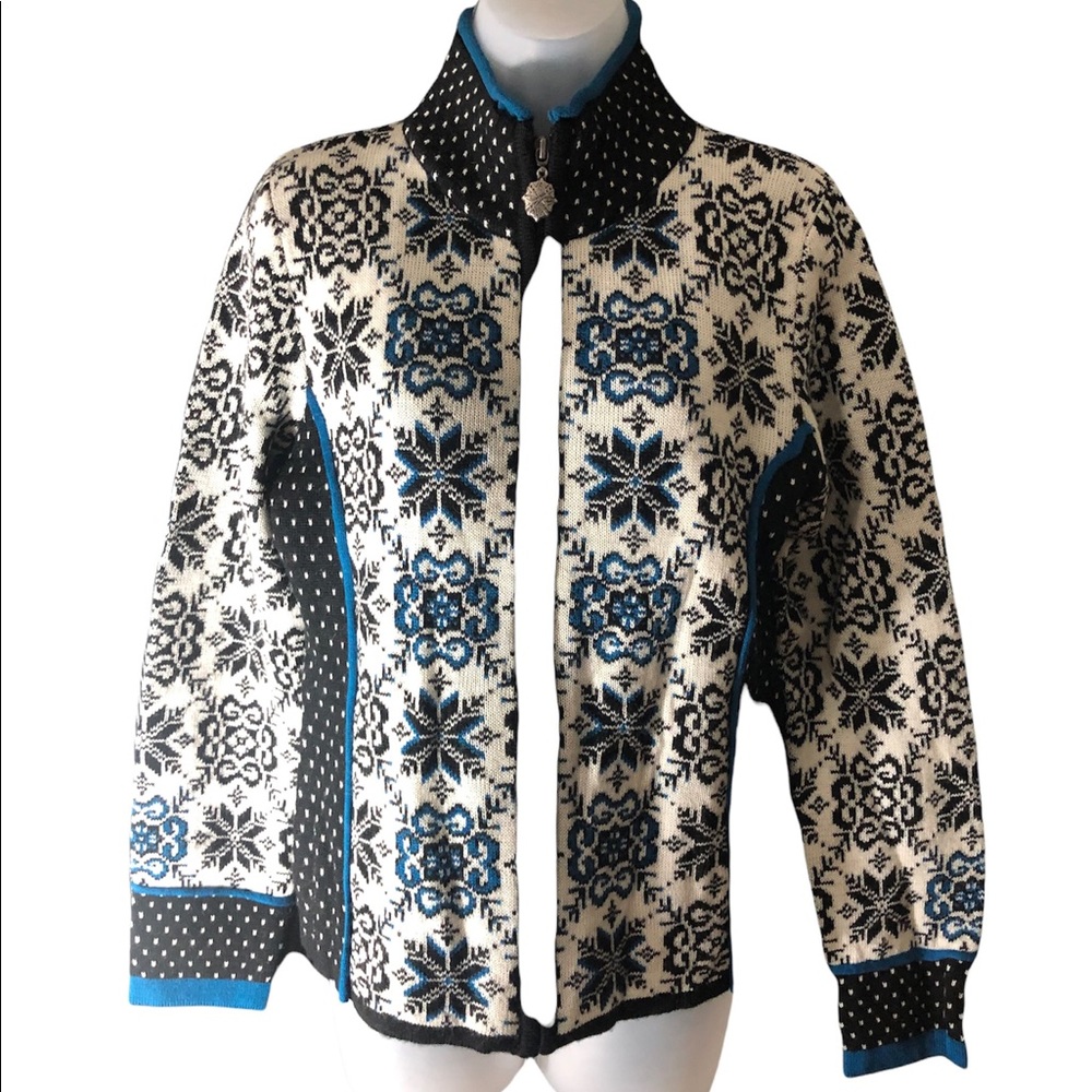 ICELANDIC DESIGNS NORDIC Zip CARDIGAN Pockets Size M Blue Snowflake